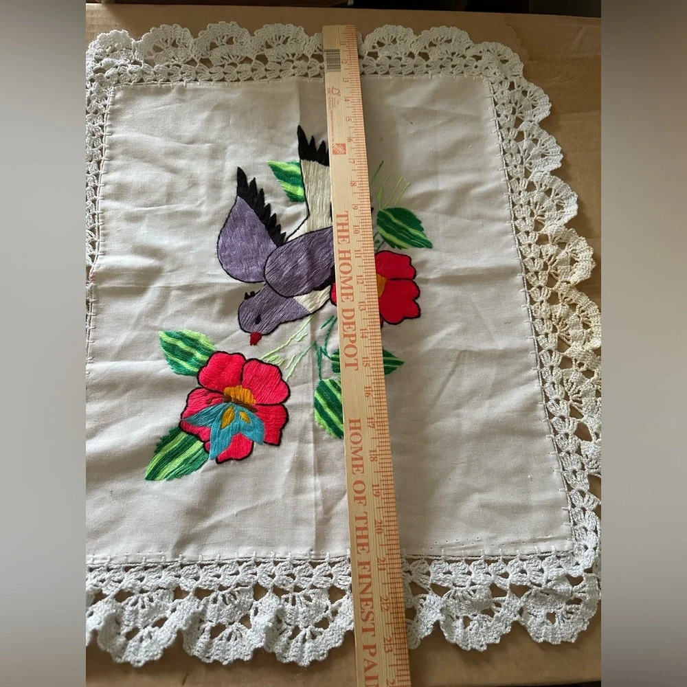 Embroidered Bird & Floral Lace Doily ⚠️ Stains 24 x 21 Large Piece